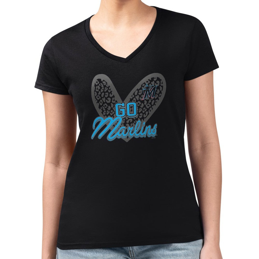 Miami Marlins G-III 4Her by Carl Banks Women's Super-Slim Fit Lightweight Leopard Heart V-Neck T-Shirt | MLB Discount
