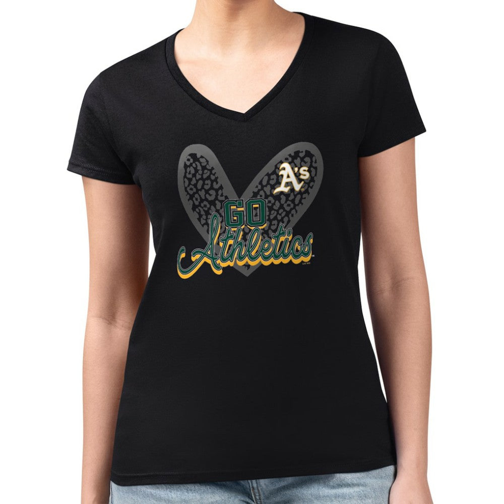 Athletics G-III 4Her by Carl Banks Women's Super-Slim Fit Lightweight Leopard Heart V-Neck T-Shirt | MLB Discount