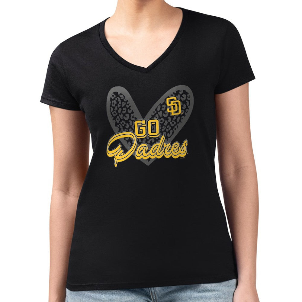 San Diego Padres G-III 4Her by Carl Banks Women's Super-Slim Fit Lightweight Leopard Heart V-Neck T-Shirt | MLB New