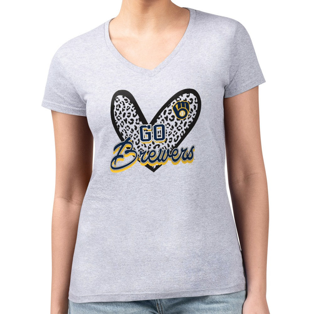 Milwaukee Brewers G-III 4Her by Carl Banks Women's Super-Slim Fit Lightweight Leopard Heart V-Neck T-Shirt | MLB Sale