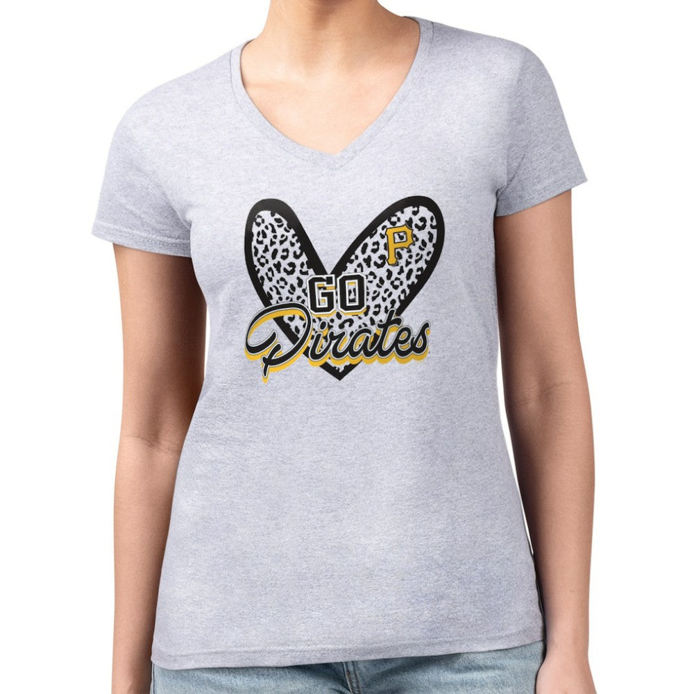 Pittsburgh Pirates G-III 4Her by Carl Banks Women's Super-Slim Fit Lightweight Leopard Heart V-Neck T-Shirt | MLB US