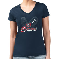 Atlanta Braves G-III 4Her by Carl Banks Women's Super-Slim Fit Lightweight Leopard Heart V-Neck T-Shirt | MLB New