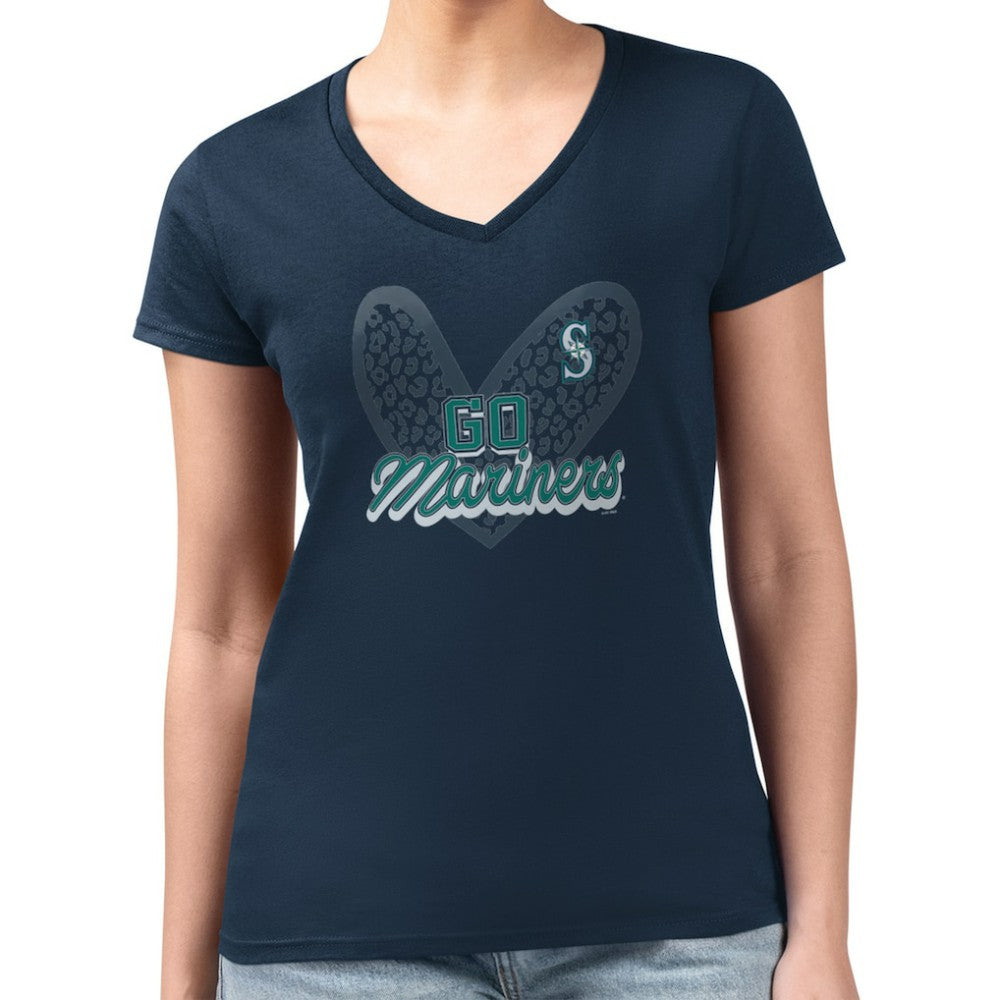 Seattle Mariners G-III 4Her by Carl Banks Women's Super-Slim Fit Lightweight Leopard Heart V-Neck T-Shirt | MLB Online