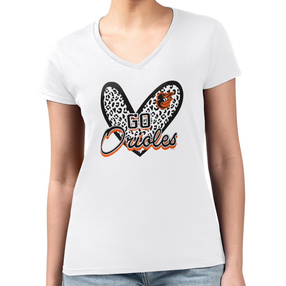 Baltimore Orioles G-III 4Her by Carl Banks Women's Super-Slim Fit Lightweight Leopard Heart V-Neck T-Shirt | MLB For sale