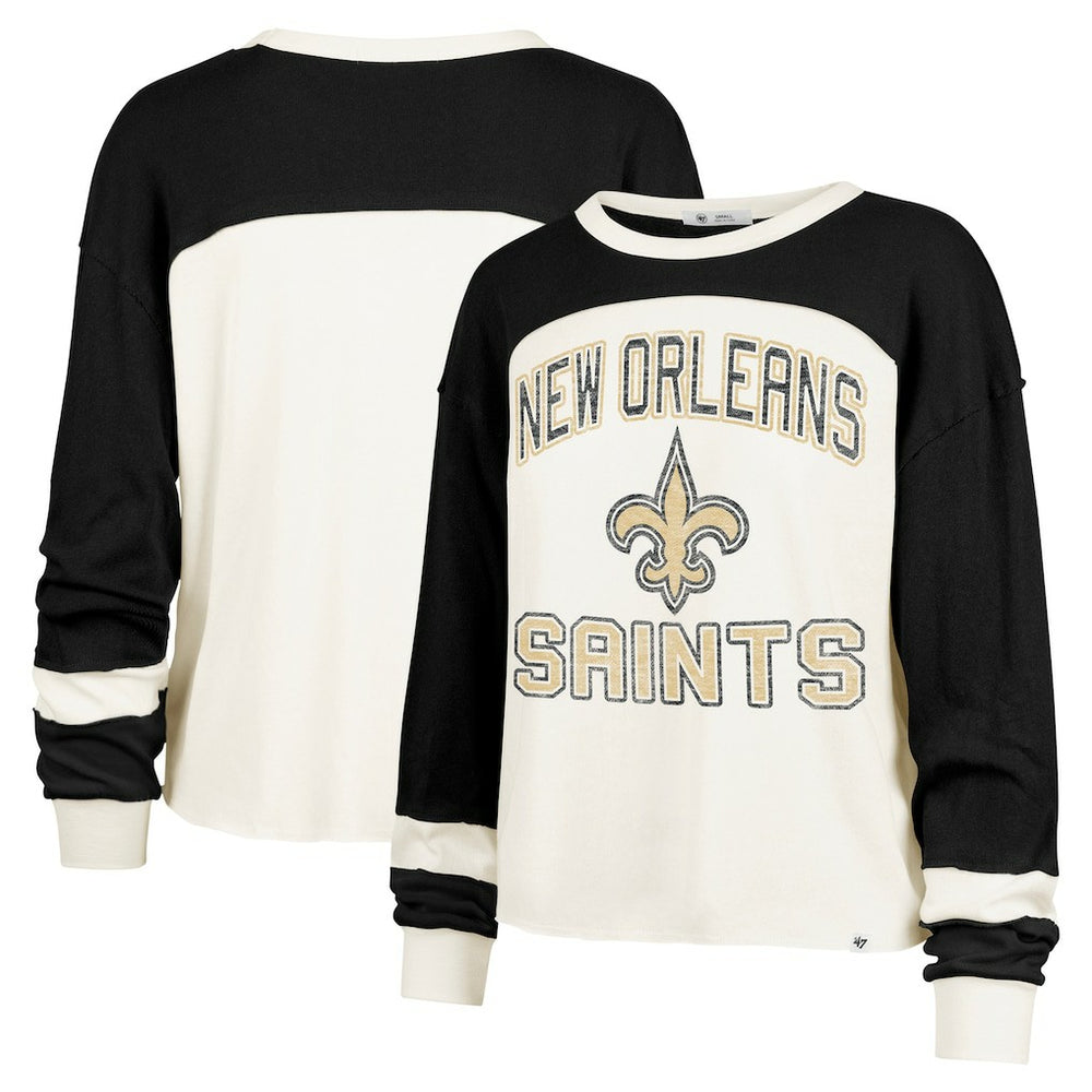 New Orleans Saints 47 brand '47 Women's Double Header Curve Raglan Long Sleeve Crop Top