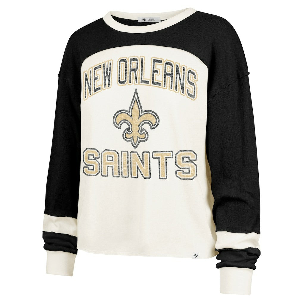 New Orleans Saints 47 brand '47 Women's Double Header Curve Raglan Long Sleeve Crop Top