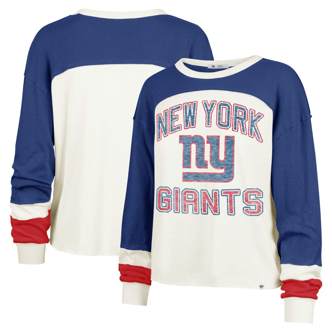 New York Giants 47 brand '47 Women's Double Header Curve Raglan Long Sleeve Crop Top