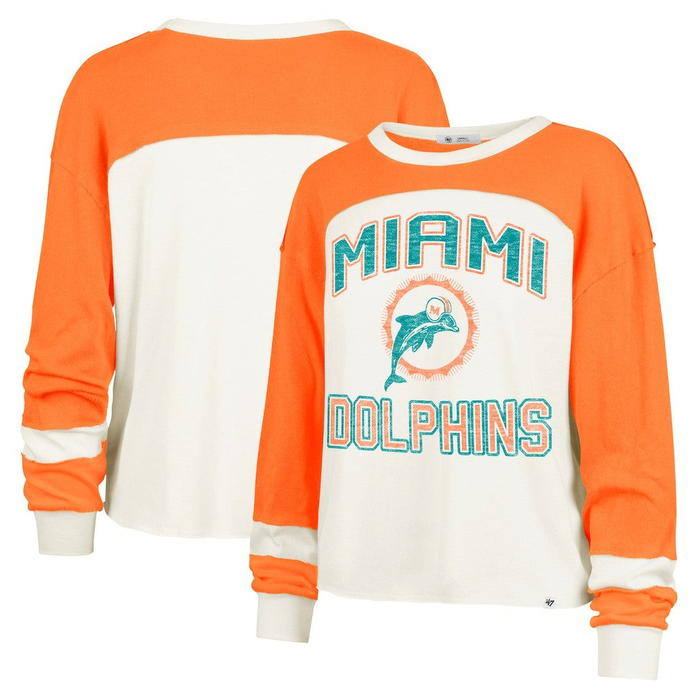 Miami Dolphins 47 brand '47 Women's Double Header Curve Raglan Long Sleeve Crop Top