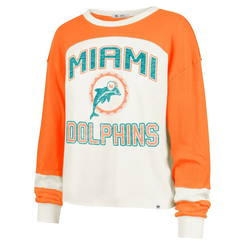 Miami Dolphins 47 brand '47 Women's Double Header Curve Raglan Long Sleeve Crop Top