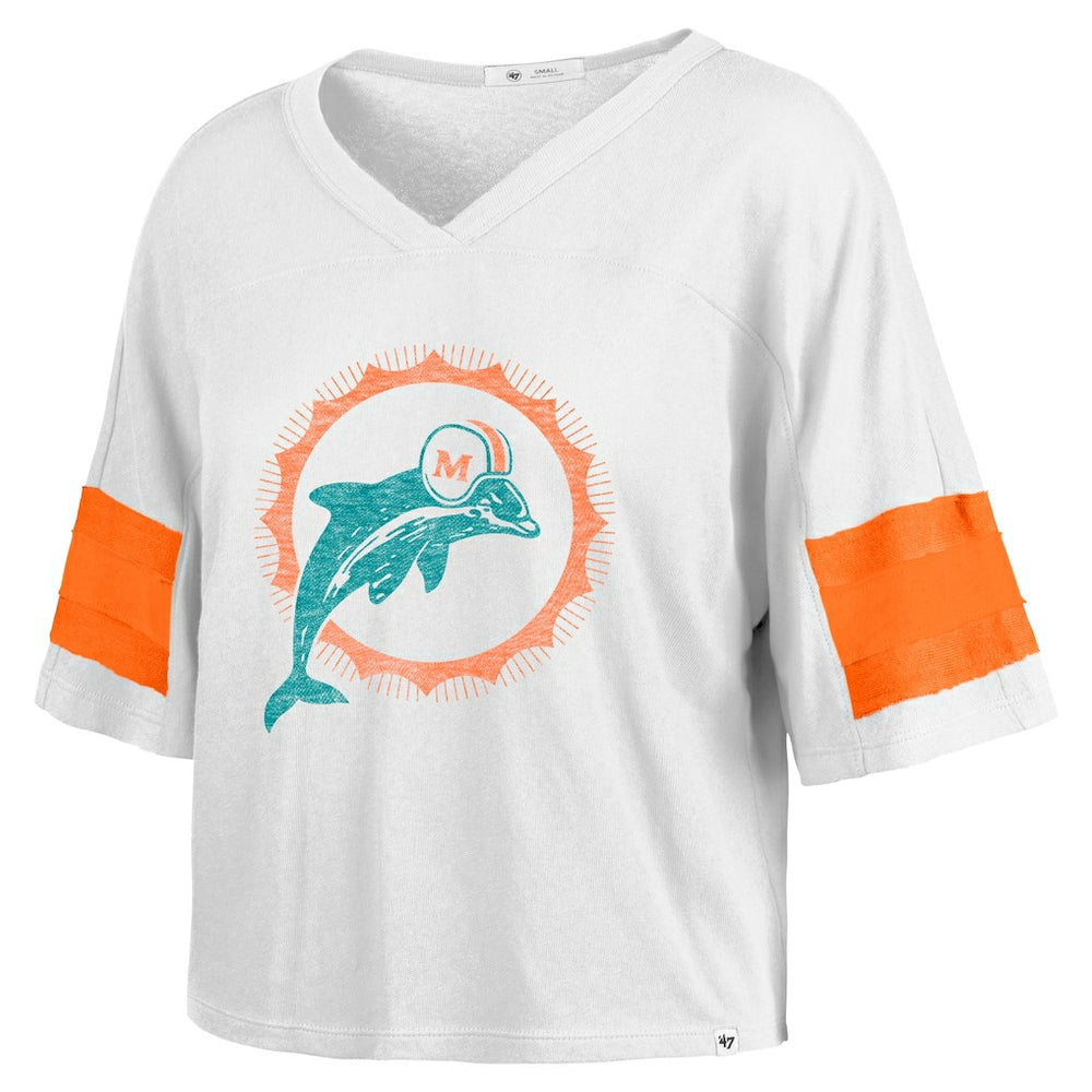 Miami Dolphins 47 brand '47 Women's Double Header Scout Cropped V-Neck T-Shirt
