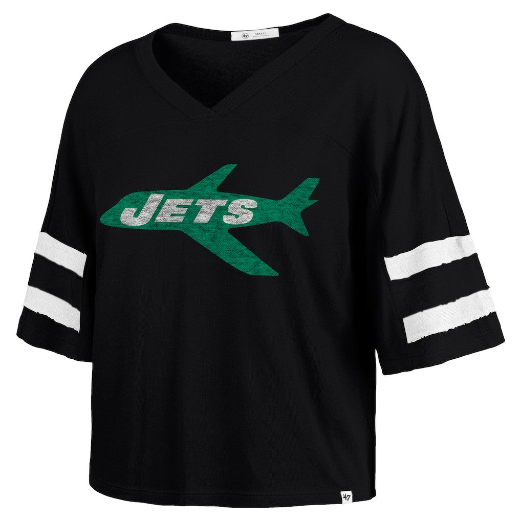 New York Jets 47 brand '47 Women's Double Header Scout Cropped V-Neck T-Shirt