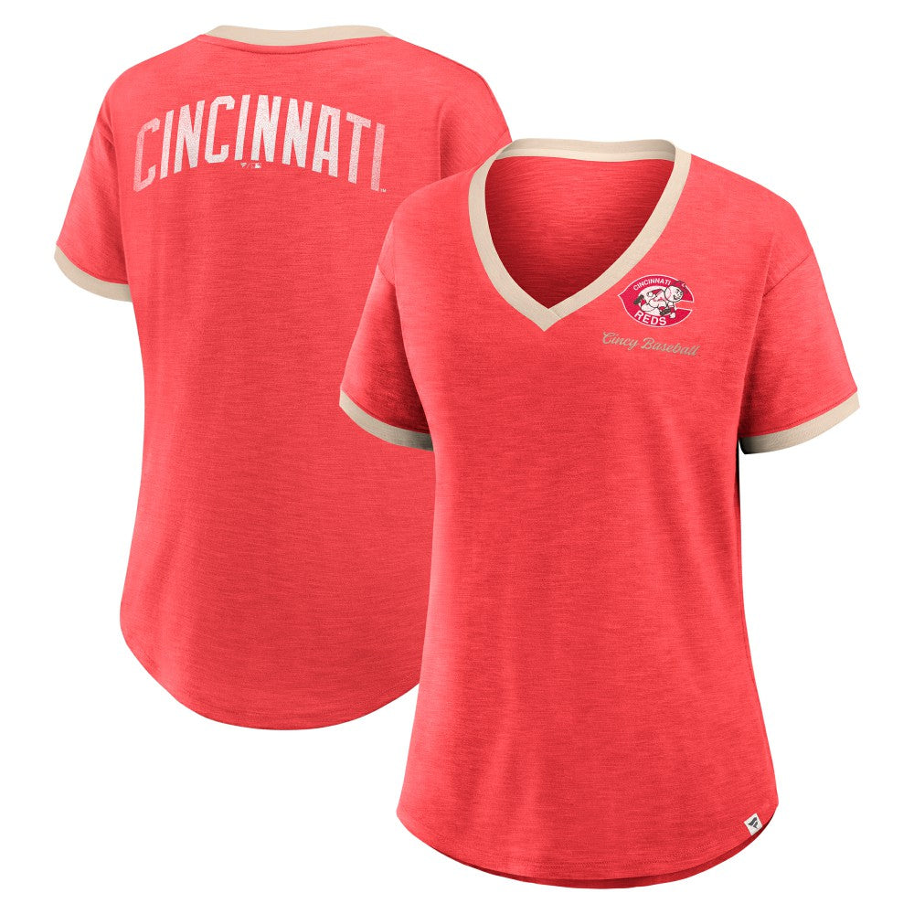 Cincinnati Reds Fanatics Women's Binge Worthy Stadium Slub V-Neck T-Shirt | MLB New
