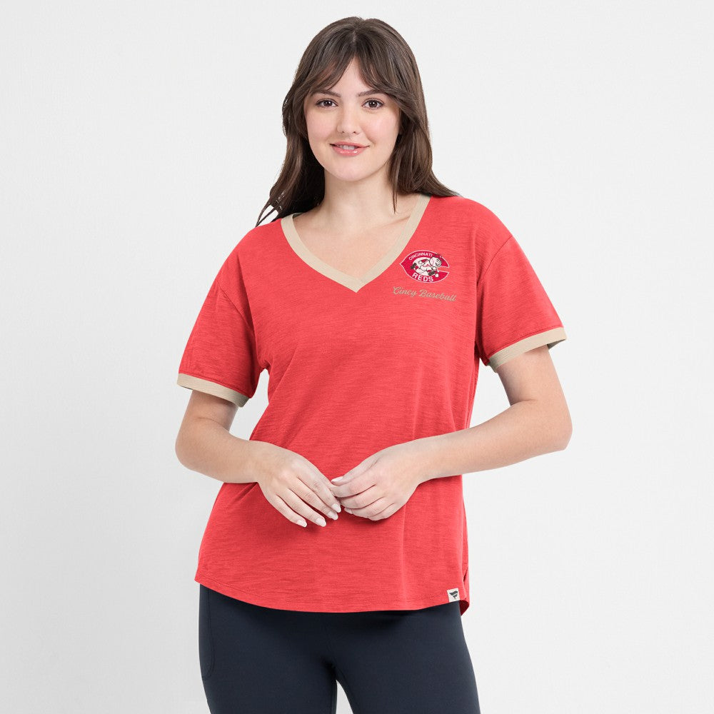 Cincinnati Reds Fanatics Women's Binge Worthy Stadium Slub V-Neck T-Shirt | MLB New