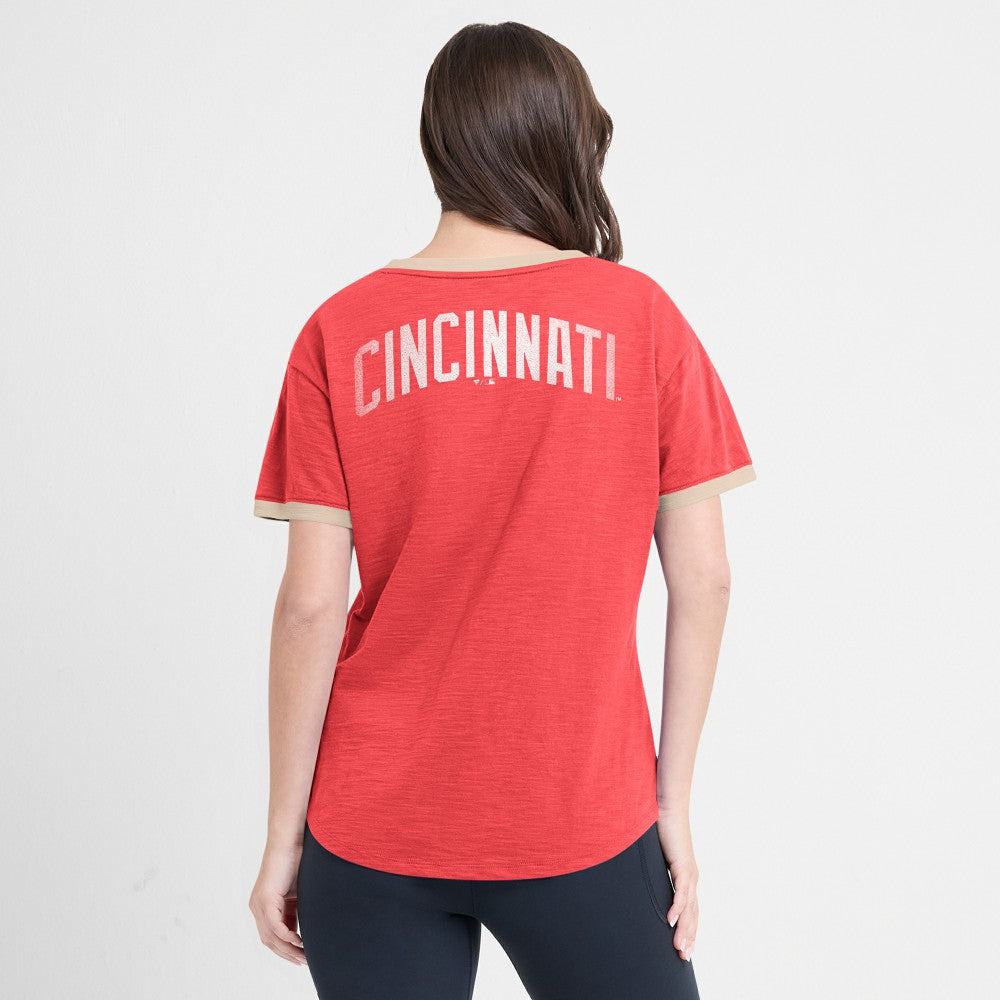 Cincinnati Reds Fanatics Women's Binge Worthy Stadium Slub V-Neck T-Shirt | MLB New