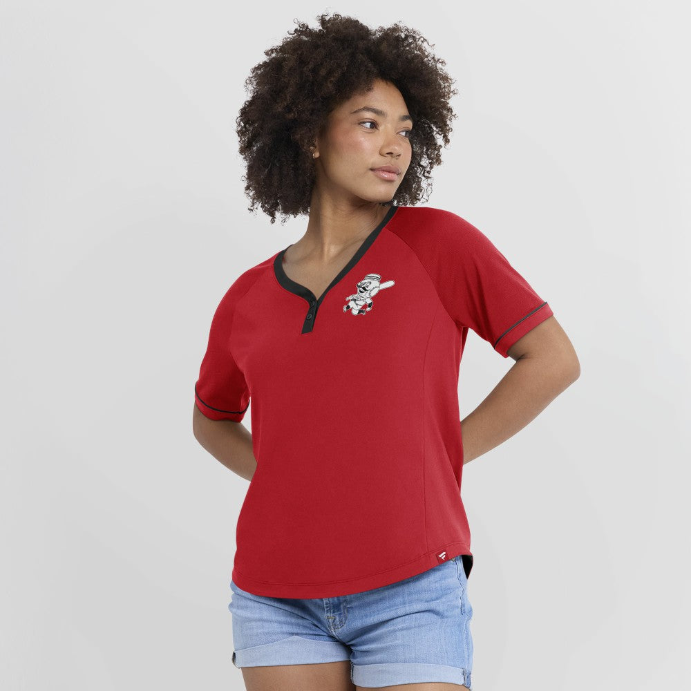 Cincinnati Reds Fanatics Women's Cooperstown Collection League Diva Raglan V-Neck T-Shirt | MLB Shop