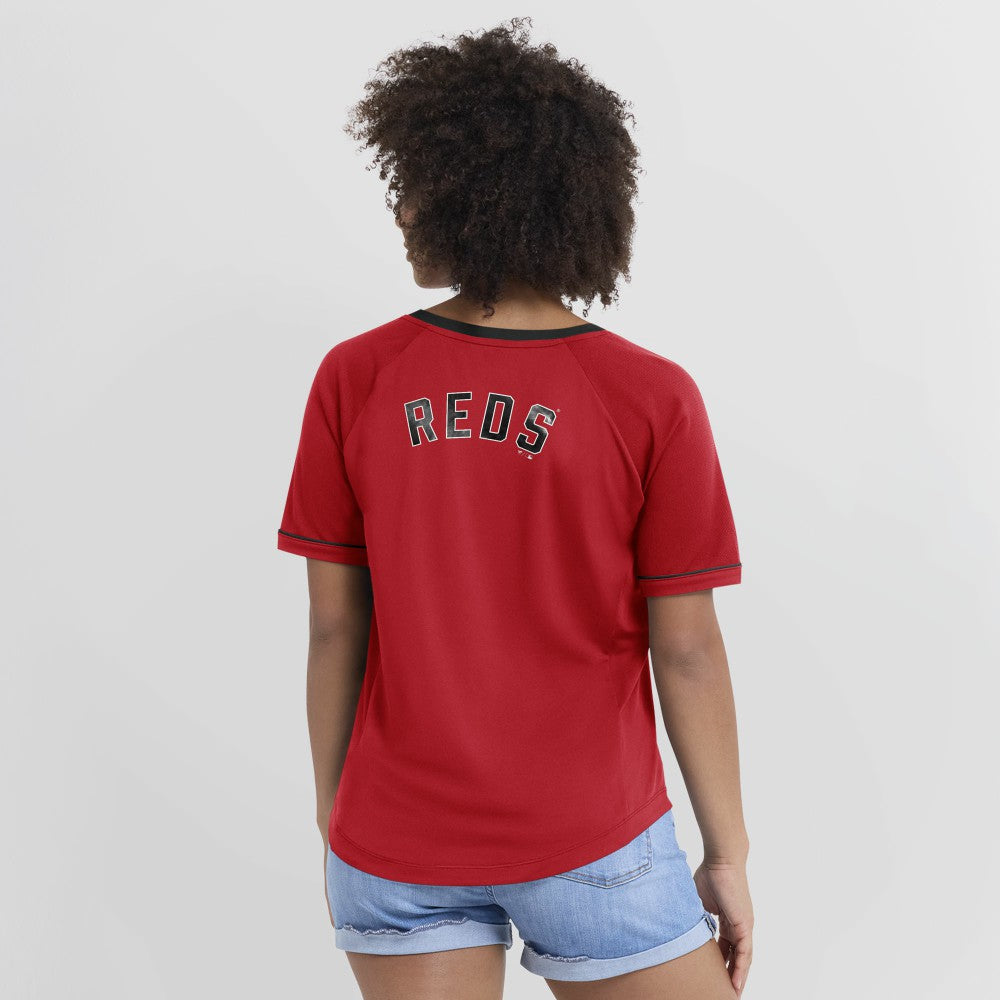 Cincinnati Reds Fanatics Women's Cooperstown Collection League Diva Raglan V-Neck T-Shirt | MLB Shop