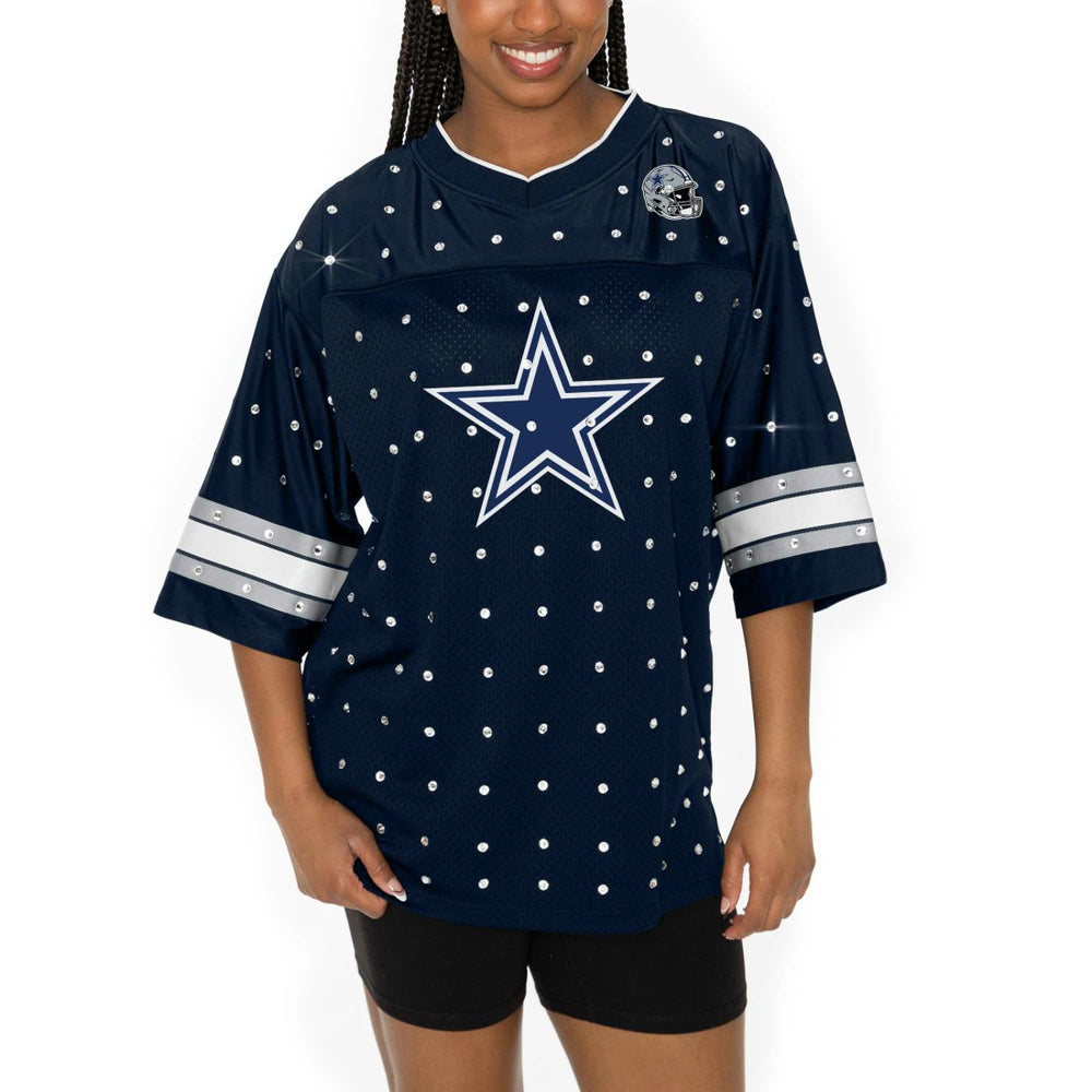 Dallas Cowboys  Gameday Couture Women's Kickoff Time Allover Rhinestone Sports Stripe Jersey V-Neck T-Shirt