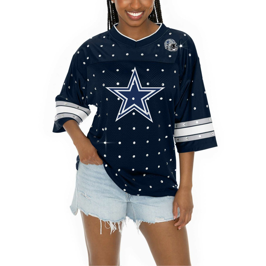 Dallas Cowboys  Gameday Couture Women's Kickoff Time Allover Rhinestone Sports Stripe Jersey V-Neck T-Shirt
