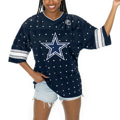 Dallas Cowboys  Gameday Couture Women's Kickoff Time Allover Rhinestone Sports Stripe Jersey V-Neck T-Shirt