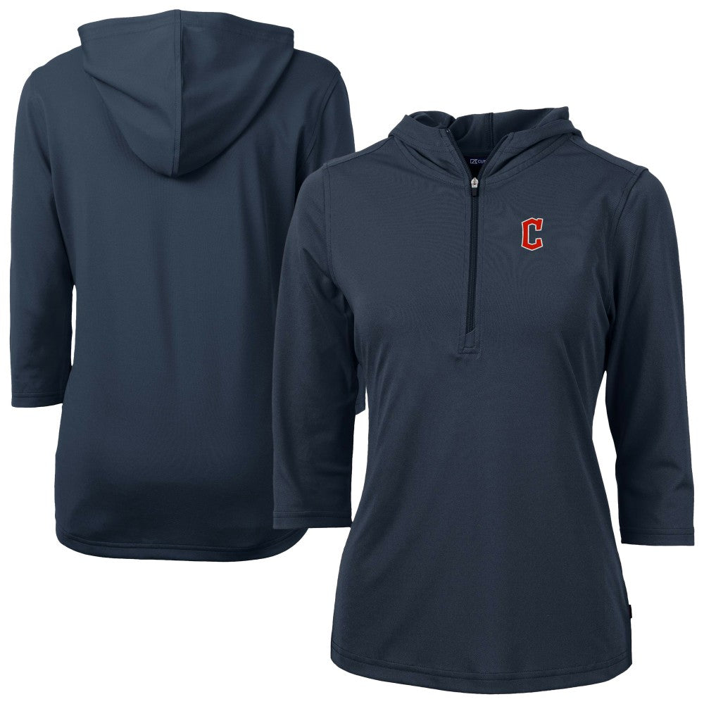 Cleveland Guardians Cutter & Buck Women's  DryTec Virtue Eco Pique Recycled 3/4-Sleeve Half-Zip Pullover Hoodie | MLB On Sale