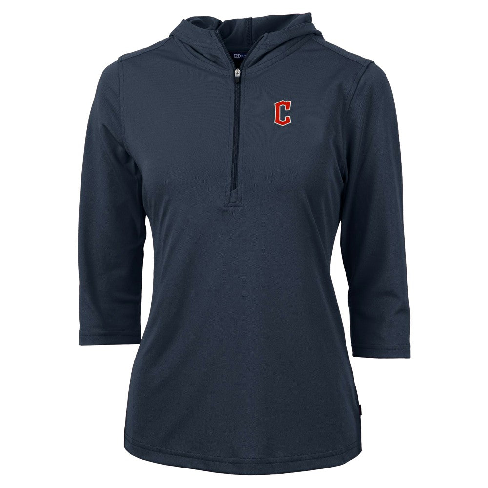 Cleveland Guardians Cutter & Buck Women's  DryTec Virtue Eco Pique Recycled 3/4-Sleeve Half-Zip Pullover Hoodie | MLB On Sale