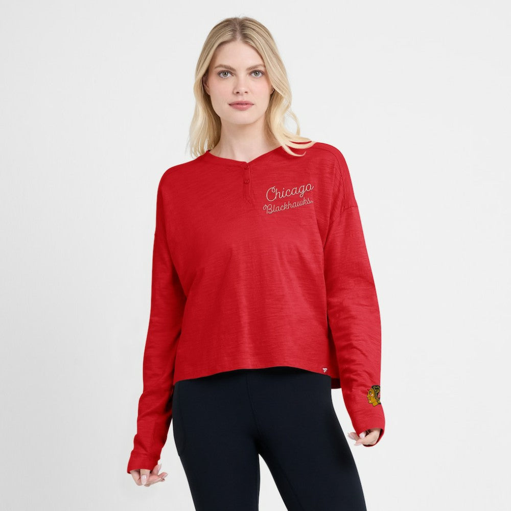 Chicago Blackhawks Fanatics Women's Oversized All Out Effort Long Sleeve Henley T-Shirt On Sale