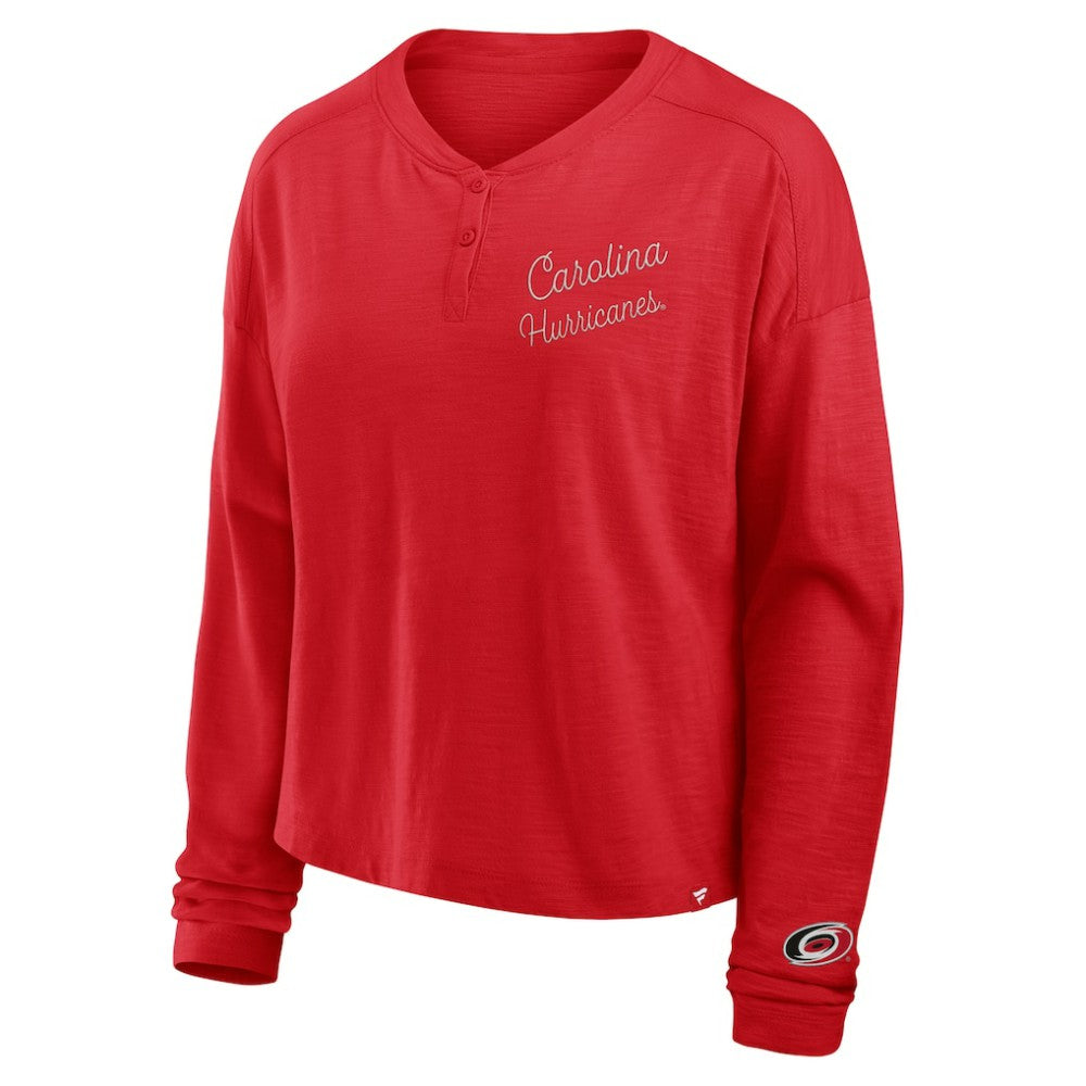 Carolina Hurricanes Fanatics Women's Oversized All Out Effort Long Sleeve Henley T-Shirt For Sale