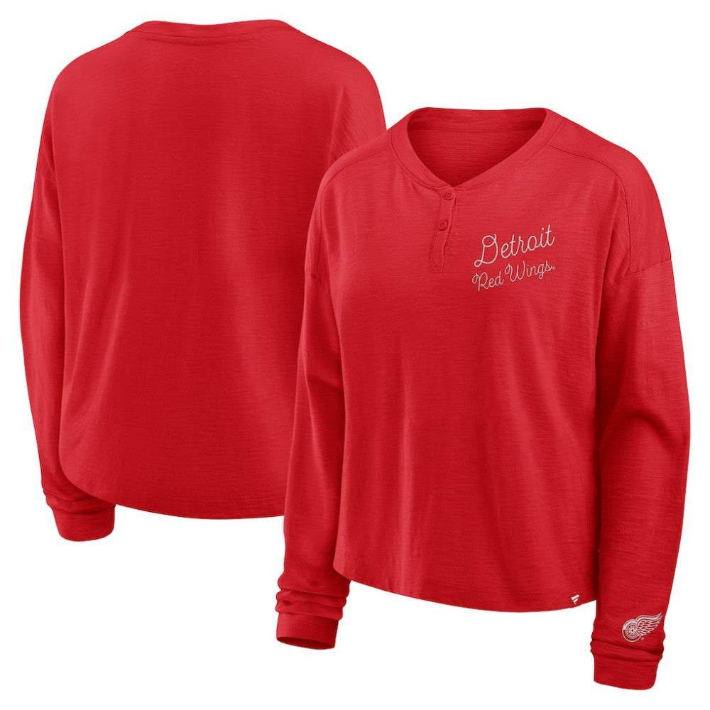 Detroit Red Wings Fanatics Women's Oversized All Out Effort Long Sleeve Henley T-Shirt Outlet