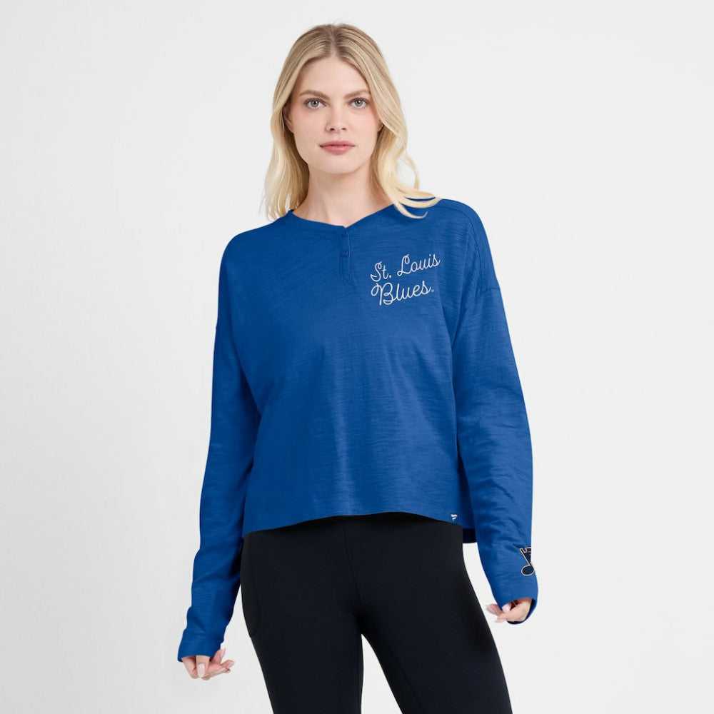 St. Louis Blues Fanatics Women's Oversized All Out Effort Long Sleeve Henley T-Shirt On Sale