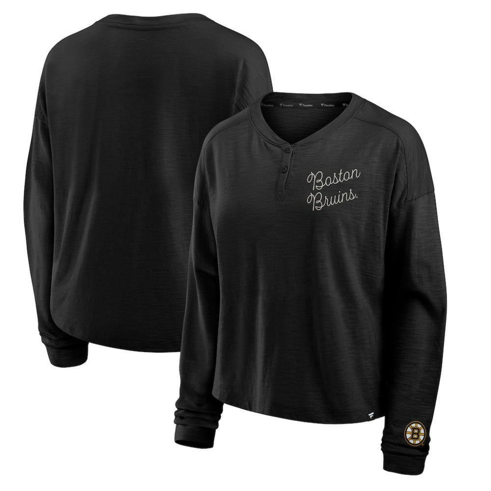 Boston Bruins Fanatics Women's Oversized All Out Effort Long Sleeve Henley T-Shirt For Sale