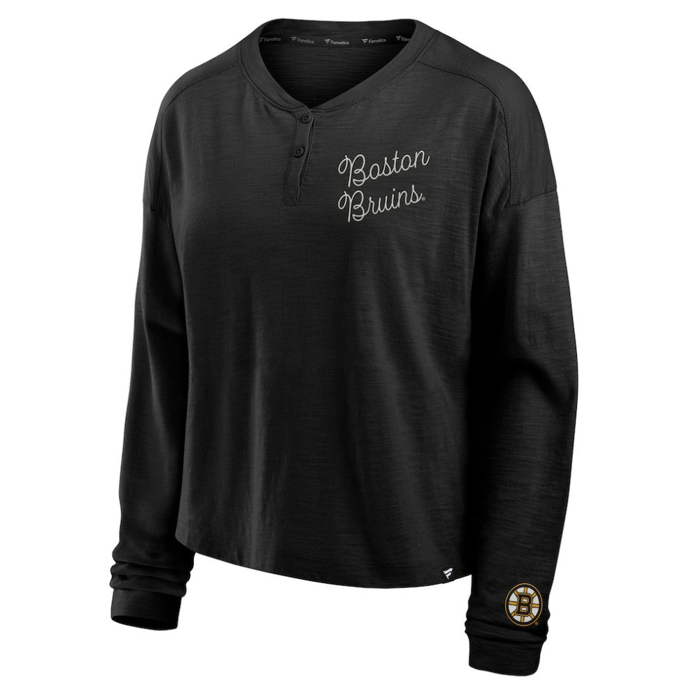 Boston Bruins Fanatics Women's Oversized All Out Effort Long Sleeve Henley T-Shirt For Sale