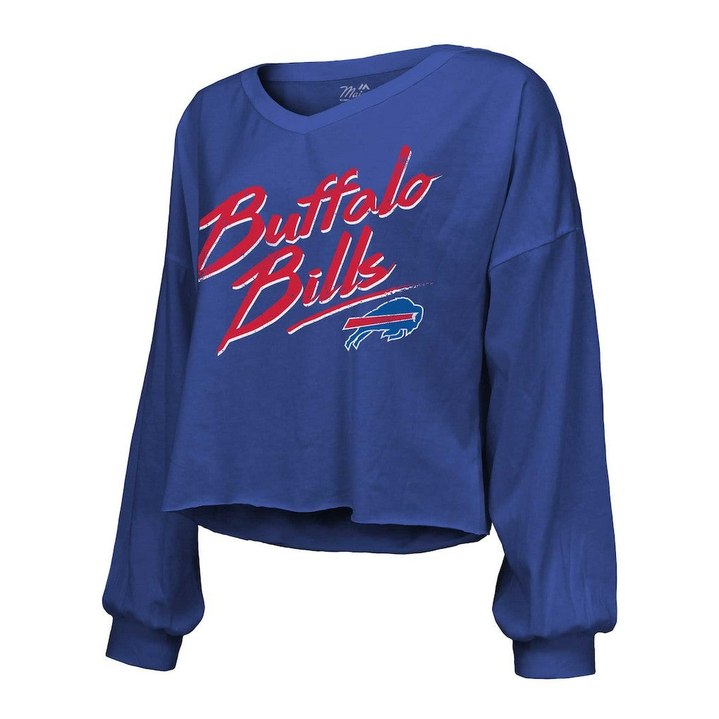 Buffalo Bills  Keon Coleman  Majestic Threads Women's Name & Number Off-Shoulder Script Cropped Long Sleeve V-Neck T-Shirt