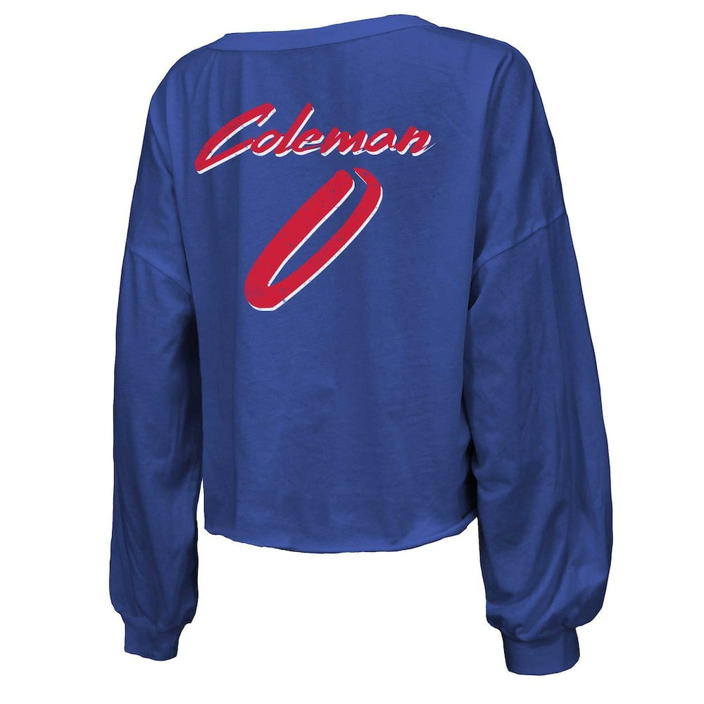 Buffalo Bills  Keon Coleman  Majestic Threads Women's Name & Number Off-Shoulder Script Cropped Long Sleeve V-Neck T-Shirt