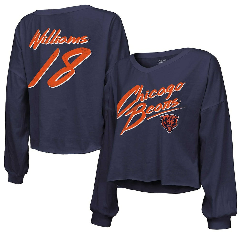 Chicago Bears  Caleb Williams  Majestic Threads Women's Name & Number Off-Shoulder Script Cropped Long Sleeve Relaxed V-Neck T-Shirt