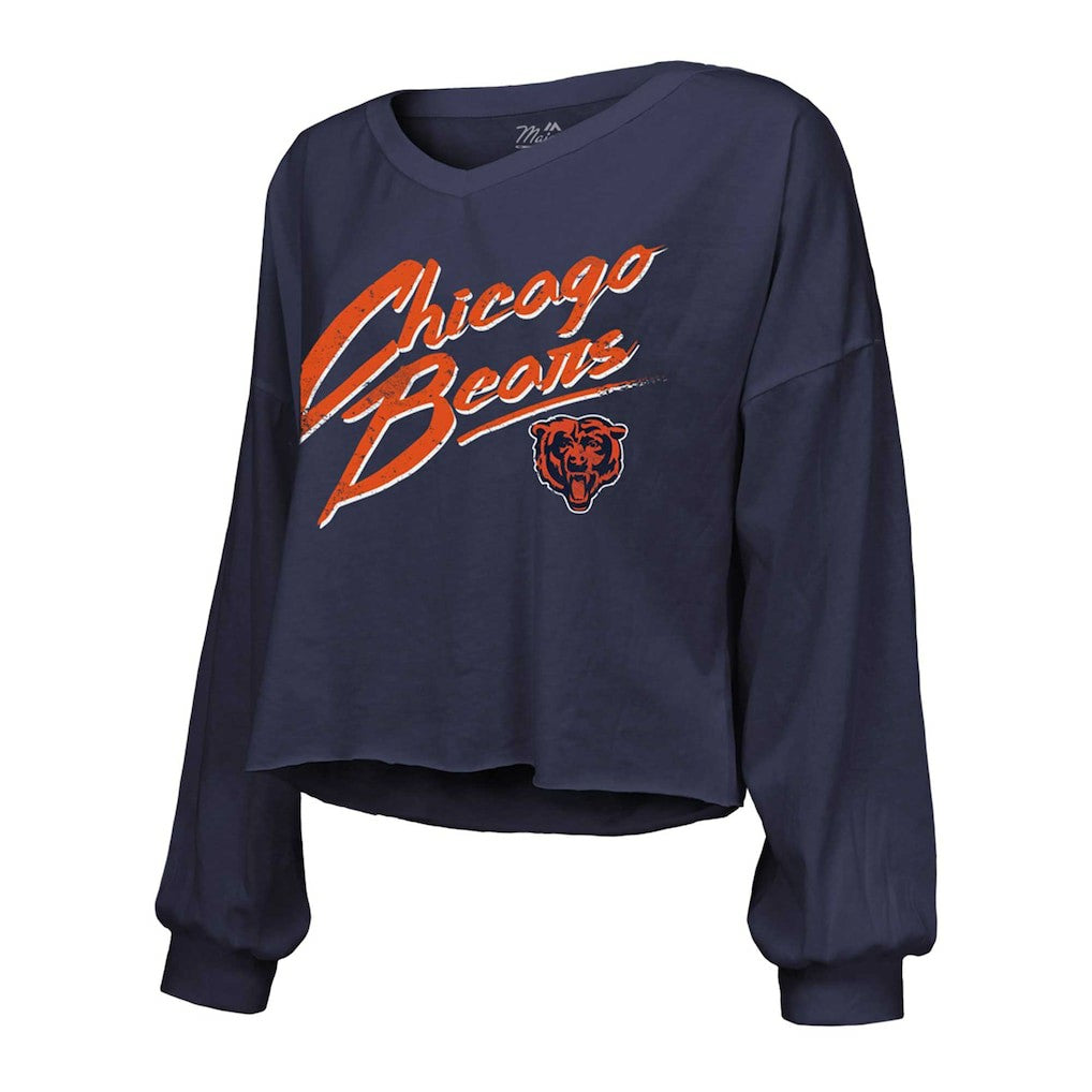 Chicago Bears  Caleb Williams  Majestic Threads Women's Name & Number Off-Shoulder Script Cropped Long Sleeve Relaxed V-Neck T-Shirt