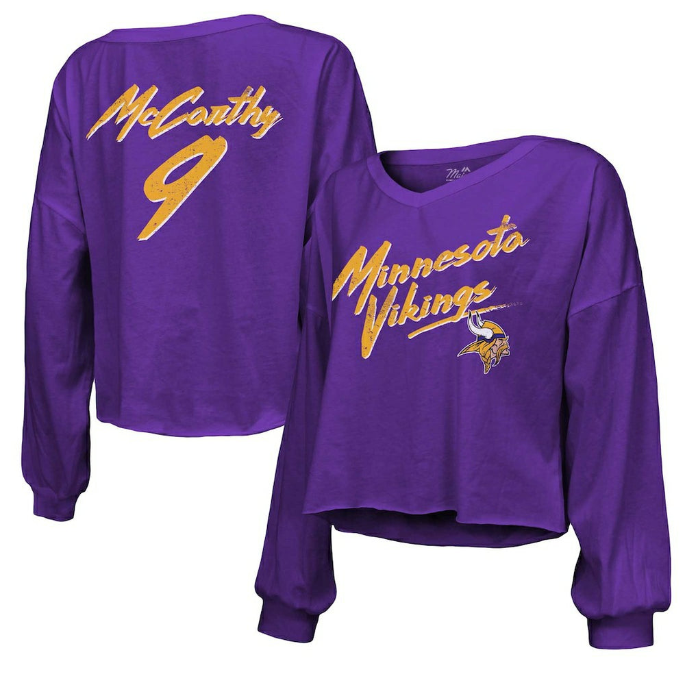 Minnesota Vikings  J.J. McCarthy  Majestic Threads Women's Name & Number Off-Shoulder Script Cropped Long Sleeve V-Neck T-Shirt