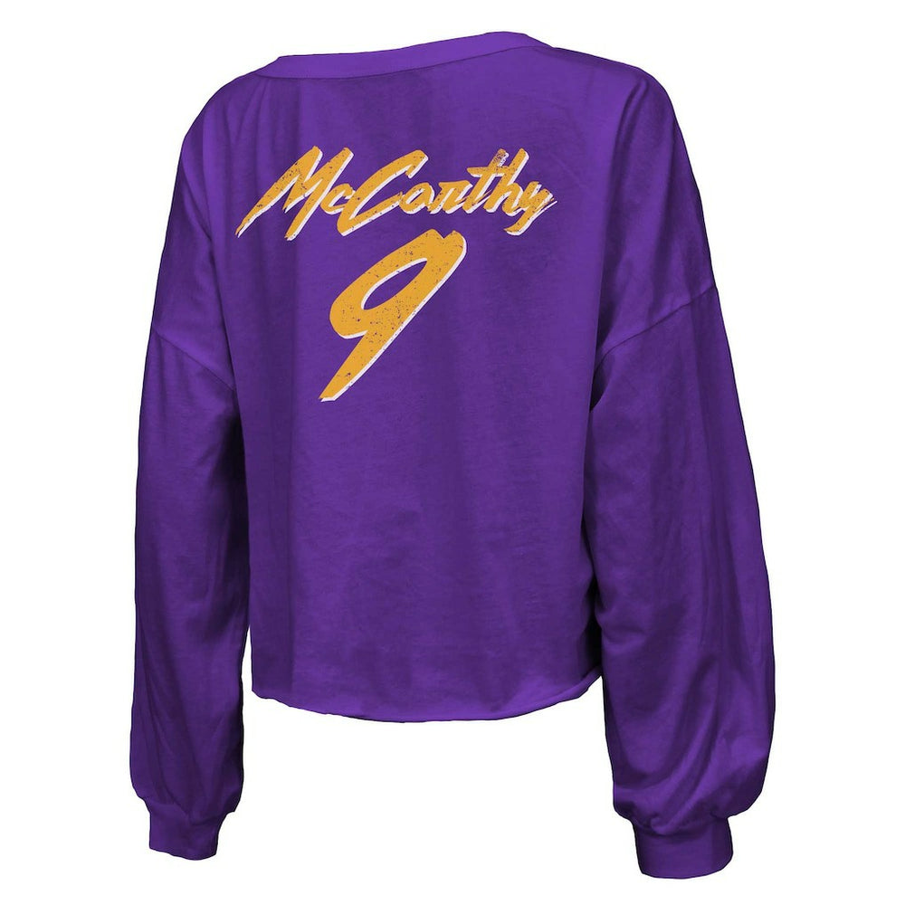 Minnesota Vikings  J.J. McCarthy  Majestic Threads Women's Name & Number Off-Shoulder Script Cropped Long Sleeve V-Neck T-Shirt