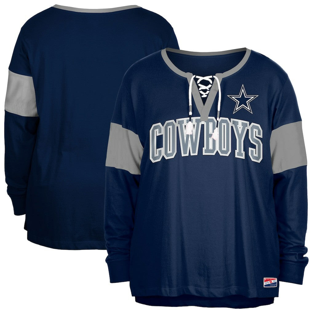 Dallas Cowboys New Era Women's Plus Size Lace-Up Notch Neck Long Sleeve T-Shirt