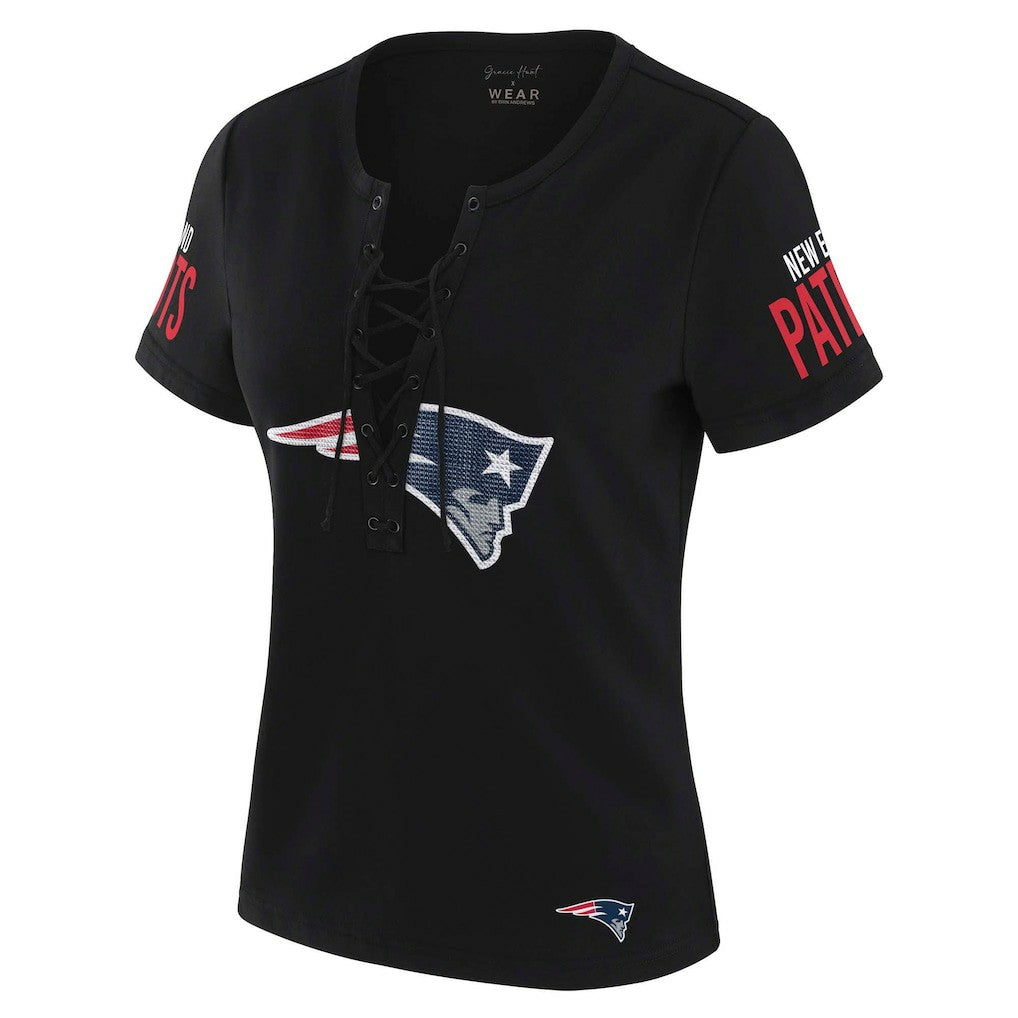 New England Patriots  WEAR by Erin Andrews x Gracie Hunt Women's Draft Me Lace-Up T-Shirt