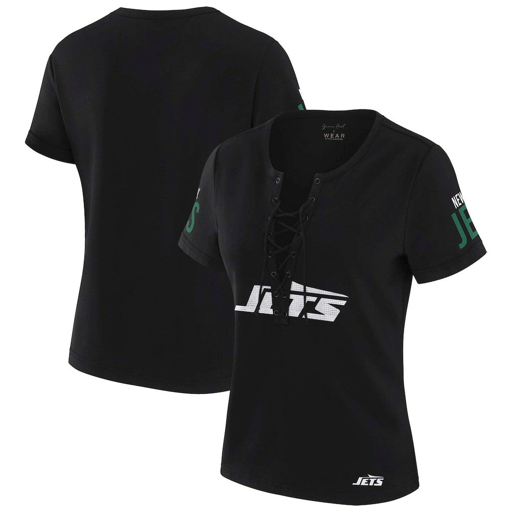 New York Jets  WEAR by Erin Andrews x Gracie Hunt Women's Draft Me Lace-Up T-Shirt