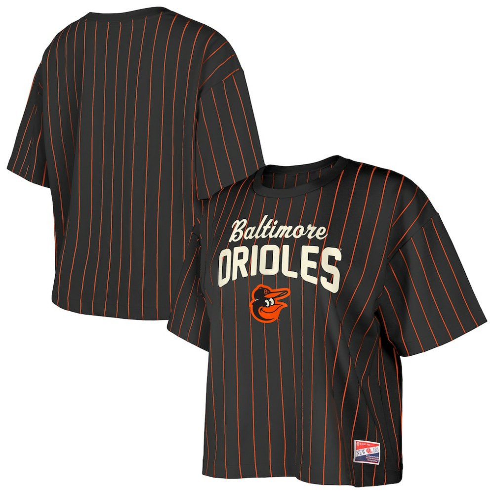 Baltimore Orioles New Era Women's Cooperstown Collection Multiplier Pinstripe Cropped T-Shirt | MLB On Sale