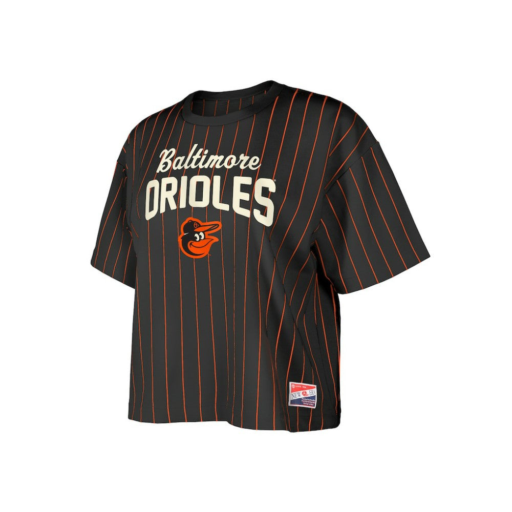 Baltimore Orioles New Era Women's Cooperstown Collection Multiplier Pinstripe Cropped T-Shirt | MLB On Sale