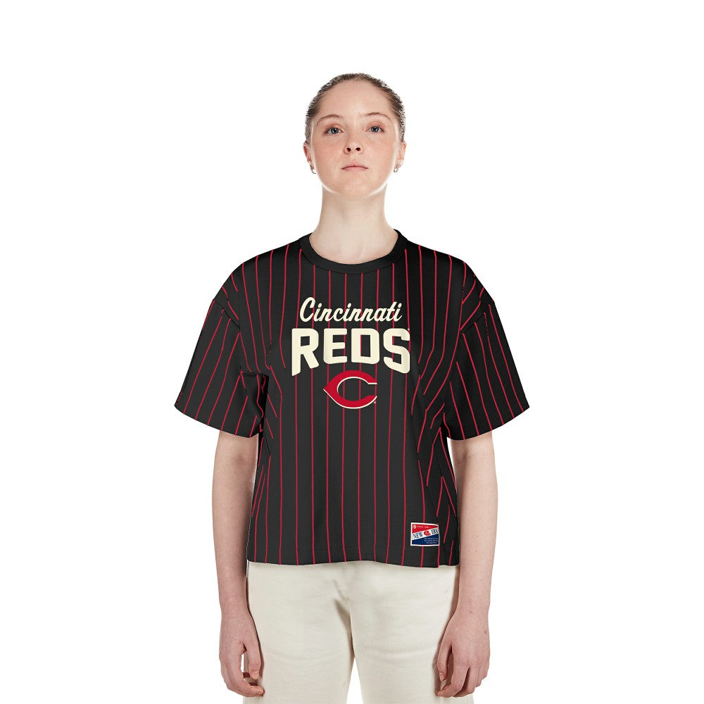 Cincinnati Reds New Era Women's Cooperstown Collection Multiplier Pinstripe Cropped T-Shirt | MLB Outlet