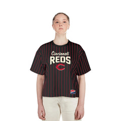Cincinnati Reds New Era Women's Cooperstown Collection Multiplier Pinstripe Cropped T-Shirt | MLB Outlet