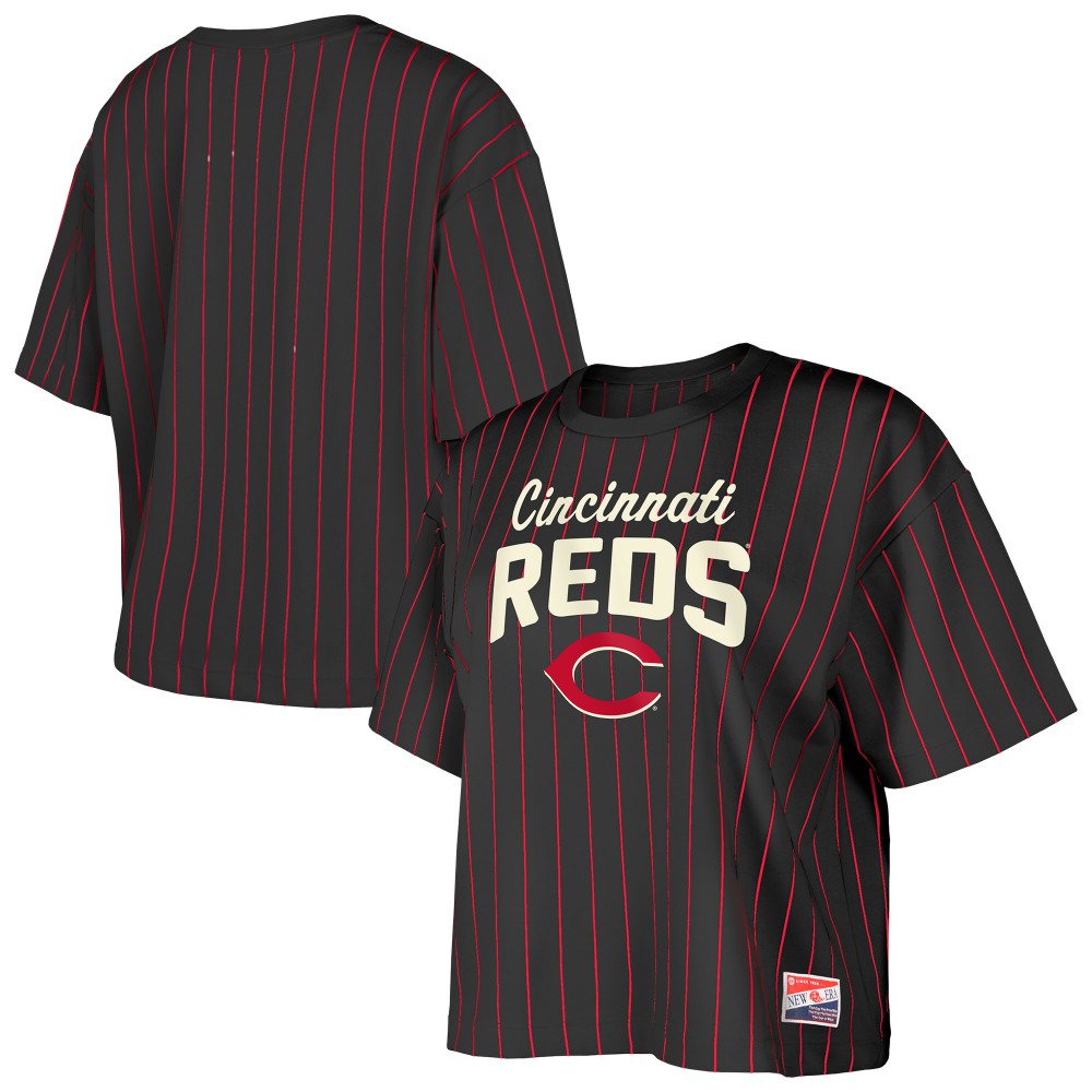 Cincinnati Reds New Era Women's Cooperstown Collection Multiplier Pinstripe Cropped T-Shirt | MLB Outlet