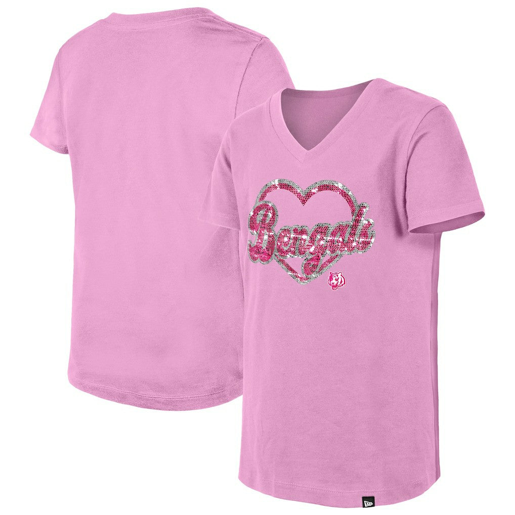 Cincinnati Bengals New Era Girls Youth Flip Sequins V-Neck T-Shirt