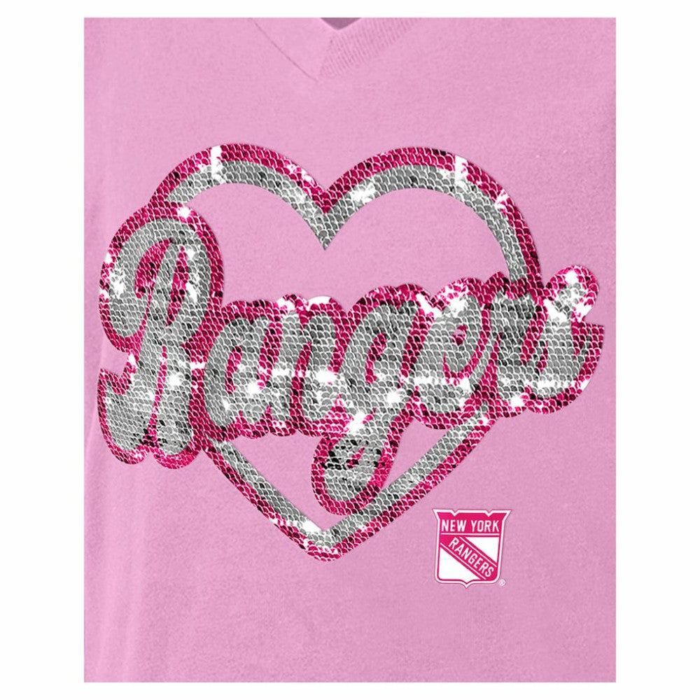 New York Rangers New Era Girl's Youth Flip Sequin V-Neck T-Shirt For Sale