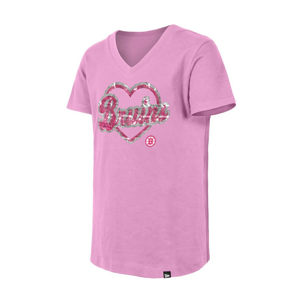 Boston Bruins New Era Girl's Youth Flip Sequin V-Neck T-Shirt On Sale