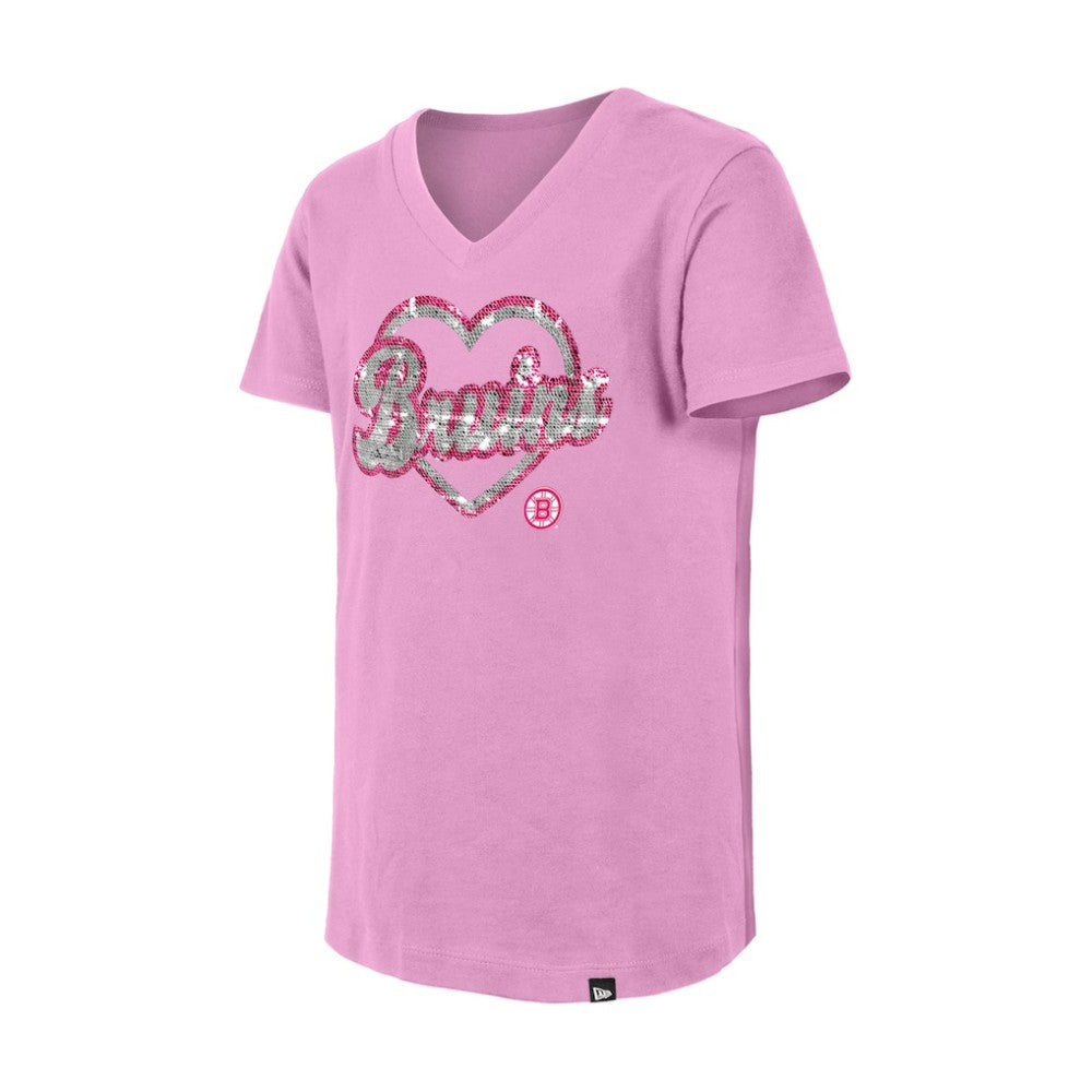 Boston Bruins New Era Girl's Youth Flip Sequin V-Neck T-Shirt On Sale
