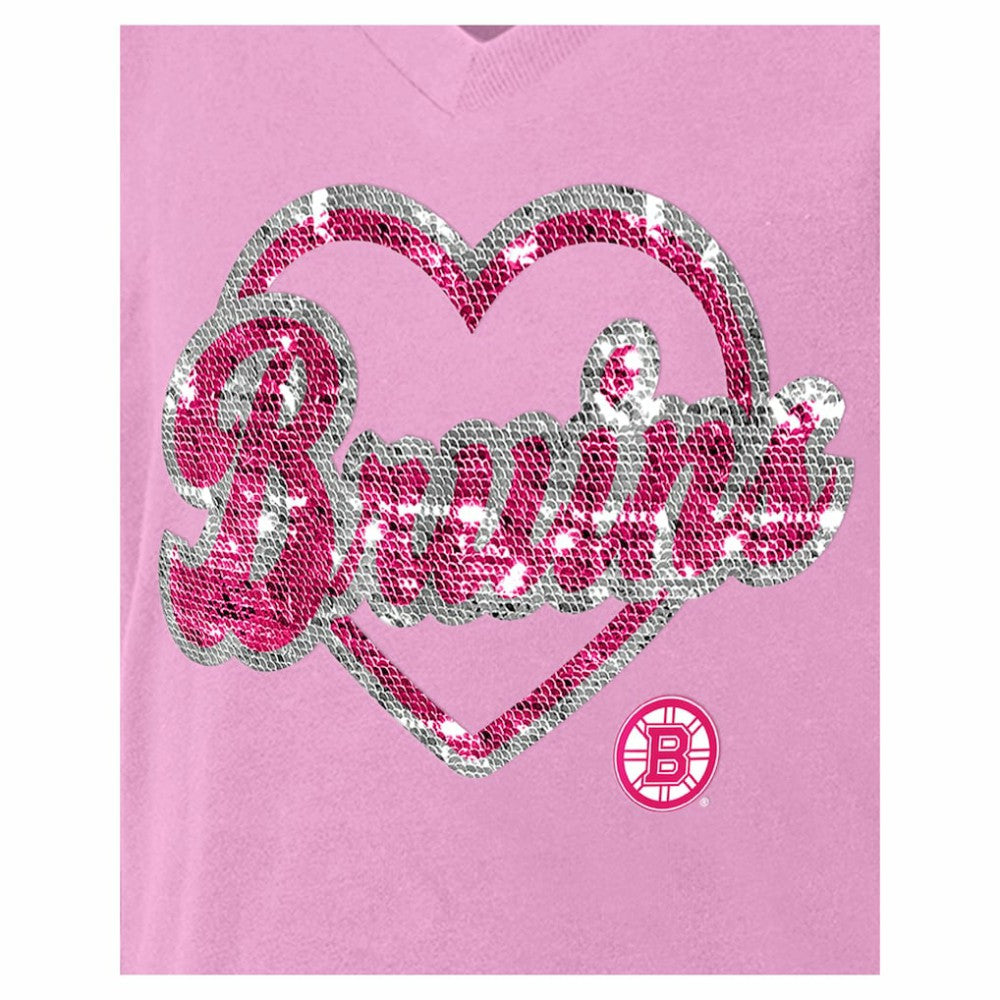 Boston Bruins New Era Girl's Youth Flip Sequin V-Neck T-Shirt On Sale